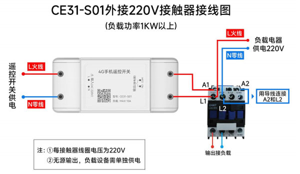 5-CE31-S01遙控開關(guān)外接220V接觸器接線圖